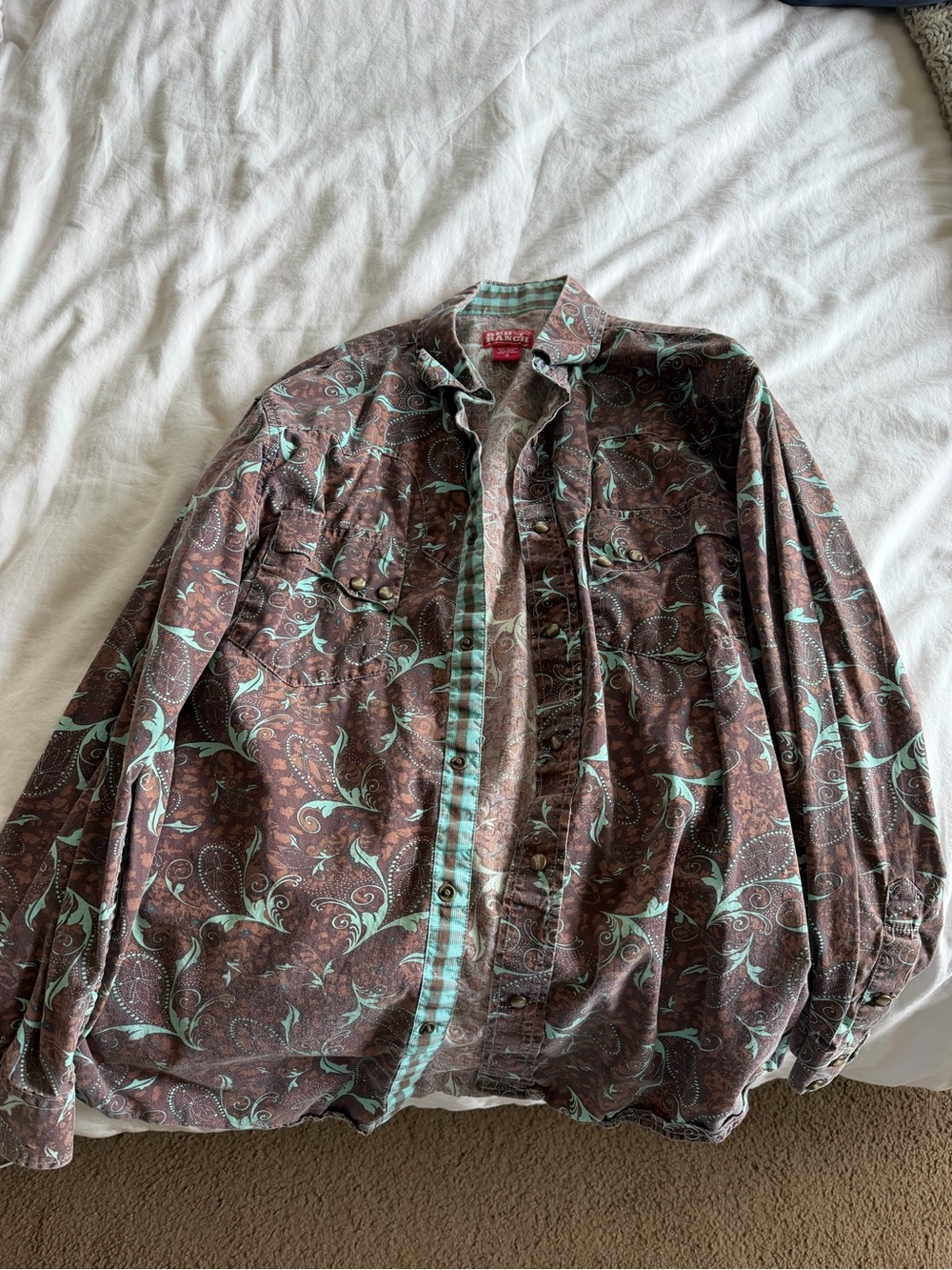 Vintage-Inspired Brown Paisley Dress Shirt with Aqua Accents